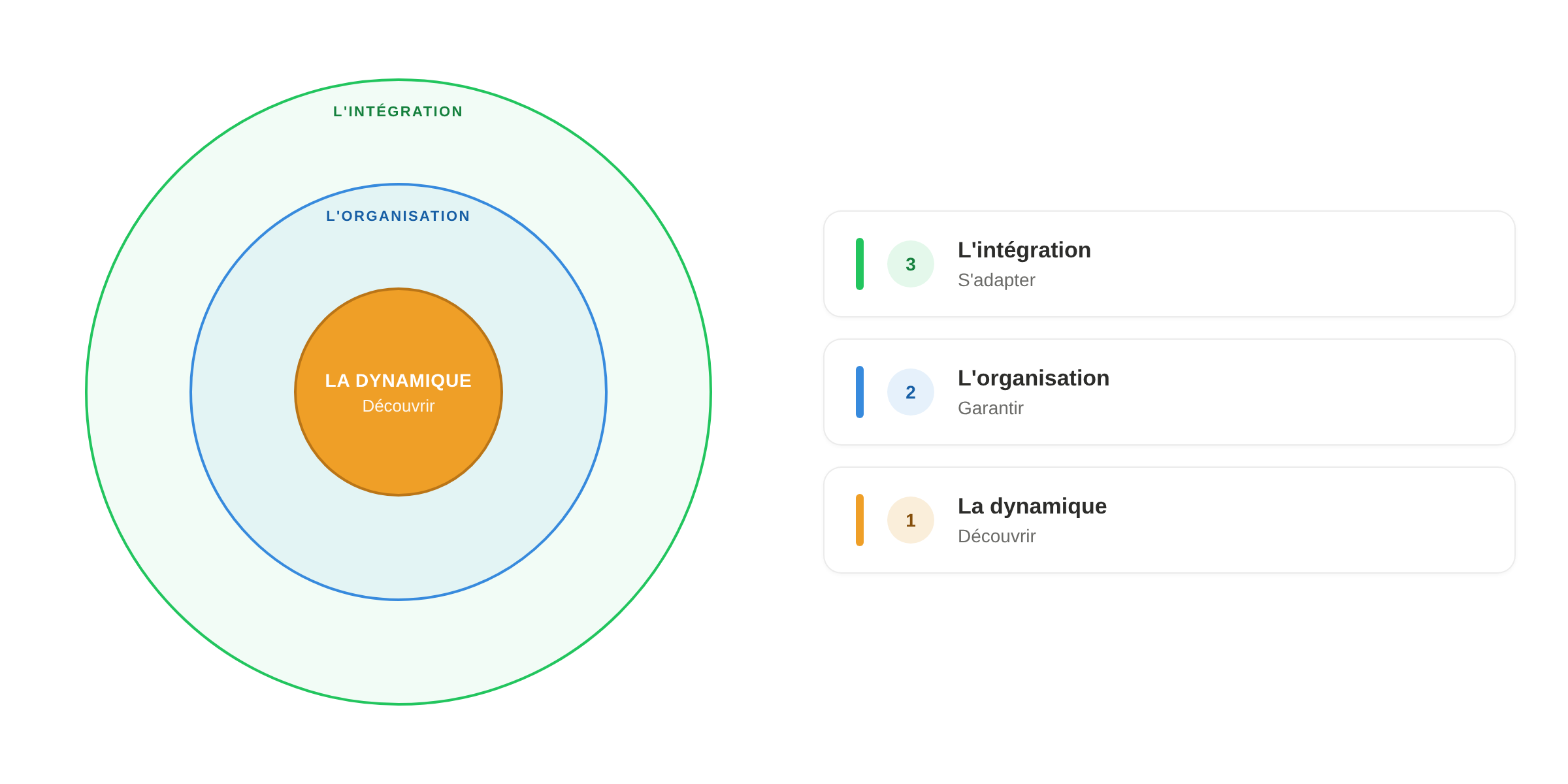 Cercles concentriques — trois dynamiques individuelles : Avancer, Garantir, Se différencier