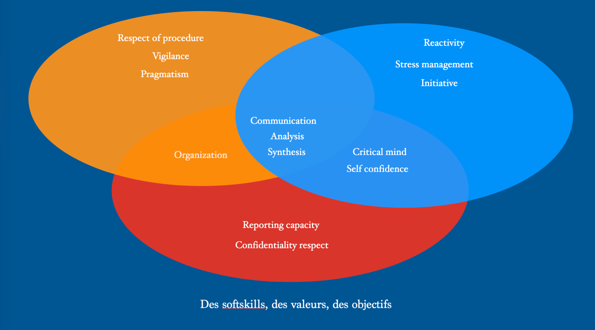Diagramme de Venn — softskills, valeurs, objectifs : respect of procedure, vigilance, pragmatism, organization, communication, analysis, synthesis, critical mind, self confidence, reactivity, stress management, initiative, reporting capacity, confidentiality respect